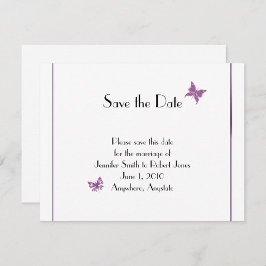 Paarse Vlinder Hart Bruiloft Save the Date (Voorkant / Achterkant)