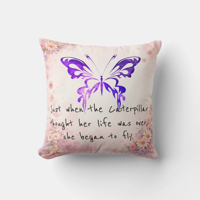 Paarse Vlinder Inspirerende Quote Kussen (Voorkant)