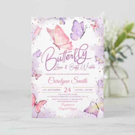 Paarse vlinder Kisses en Baby Vernissen Baby showe Kaart (Staand voorkant)