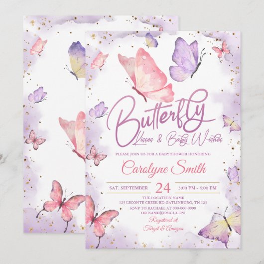 Paarse vlinder Kisses en Baby Vernissen Baby showe Kaart (Voorkant / Achterkant)