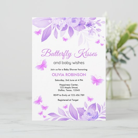 Paarse vlinder Kisses en Baby Vernissen Baby showe Kaart (Staand voorkant)