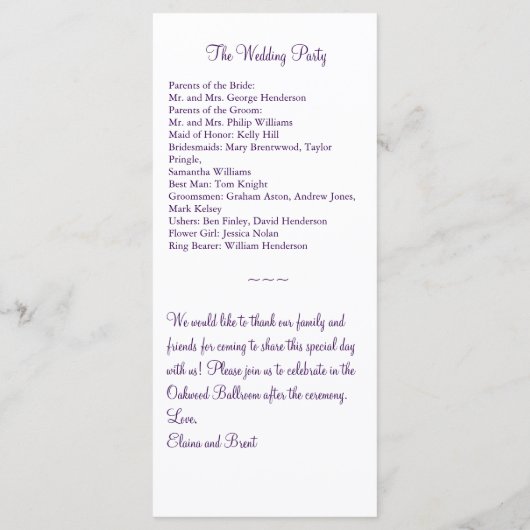 Paarse vlinder kussen huwelijksprogramma programmakaart (Achterkant)