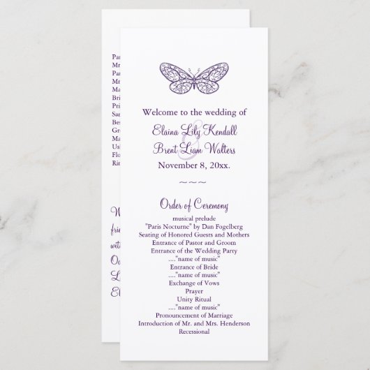 Paarse vlinder kussen huwelijksprogramma programmakaart (Voorkant / Achterkant)