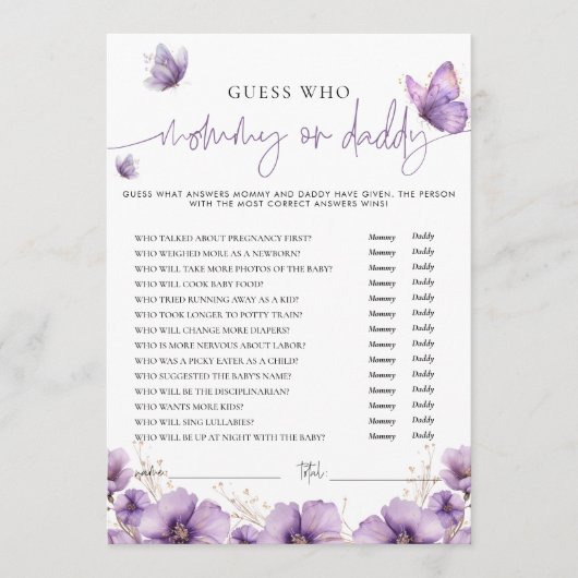 Paarse Vlinder Mama of Daddy Baby Game Kaart (Voorkant)