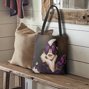 Paarse Vlinder Masquerade Vrouw Elegante Fantasie Tote Bag