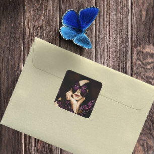 Paarse Vlinder Masquerade Vrouw Elegante Fantasie Vierkante Sticker