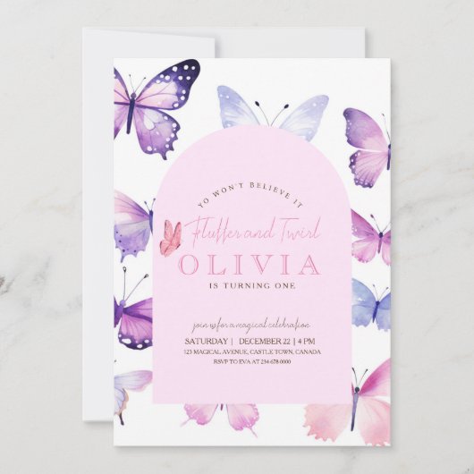   Paarse Vlinder Meisje 1e Verjaardag Regenboog  Kaart (Voorkant)