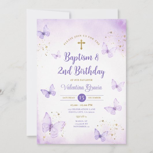 Paarse vlinder meisje 2e verjaardag doopkruis kaart (Voorkant)