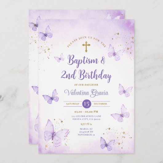 Paarse vlinder meisje 2e verjaardag doopkruis kaart (Voorkant / Achterkant)