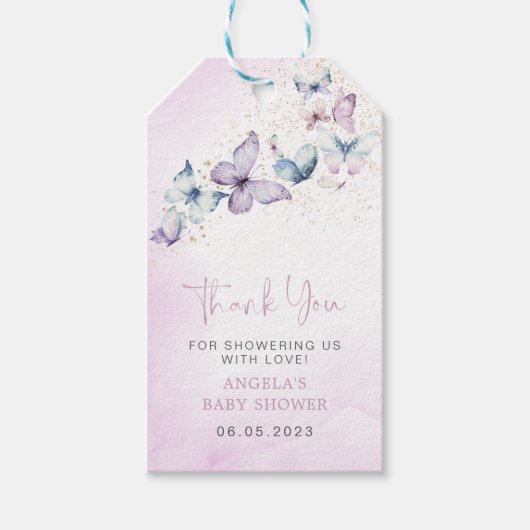 Paarse Vlinder Meisje Baby shower Cadeaulabel (Voorkant)