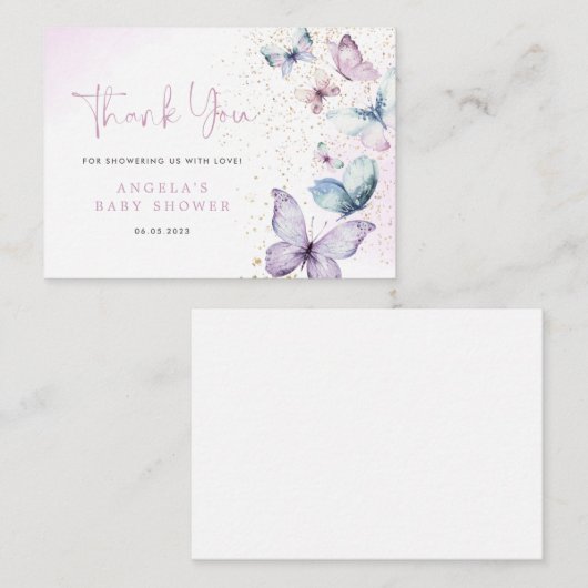 Paarse vlinder meisje Baby shower dank u kaart Notitiekaartje (Voorkant / Achterkant)