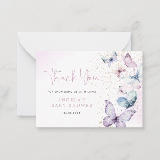 Paarse vlinder meisje Baby shower dank u kaart Notitiekaartje (Voorkant)