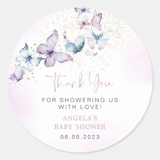 Paarse Vlinder Meisje Baby shower Sticker (Voorkant)