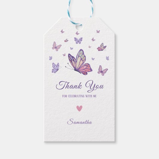 Paarse vlinder meisje verjaardag cadeaulabel (Voorkant)