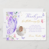 Paarse Vlinder Meisje Verjaardag Foto Bedankkaart (Voorkant)