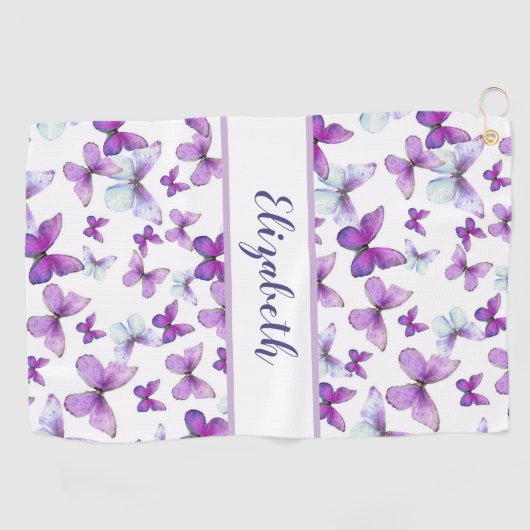 paarse vlinder met aangepaste naam dames golfhanddoek (Horizontaal)