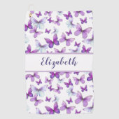  paarse vlinder met aangepaste naam dames golfhanddoek (Voorkant)