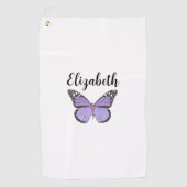  paarse vlinder met aangepaste naam dames golfhanddoek (Voorkant)