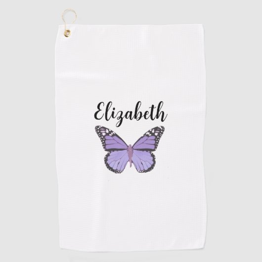  paarse vlinder met aangepaste naam dames golfhanddoek (Voorkant)