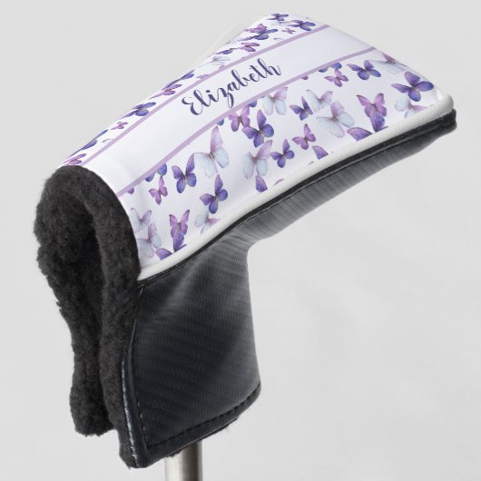  paarse vlinder met aangepaste naam dames golfheadcover (3/4 voorkant)