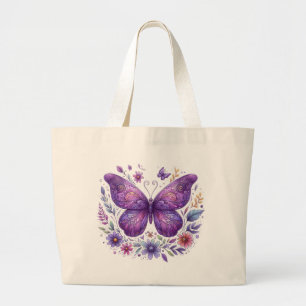 Paarse vlinder met bloemen grote tote bag