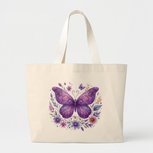 Paarse vlinder met bloemen grote tote bag (Voorkant)