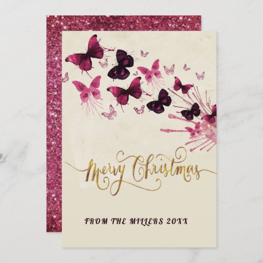 Paarse vlinder met kerst feestdagenkaart (Voorkant / Achterkant)