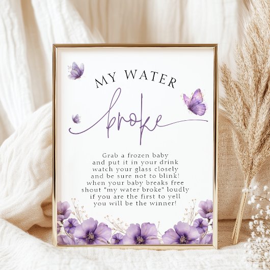 Paarse vlinder mijn water gebroken Baby shower spe Poster