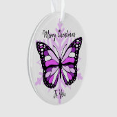 Paarse vlinder op een sneeuwvlok kerst ornament (voorkant)