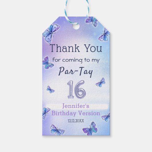 Paarse vlinder oren verjaardagsfeestje cadeaulabel (Voorkant)