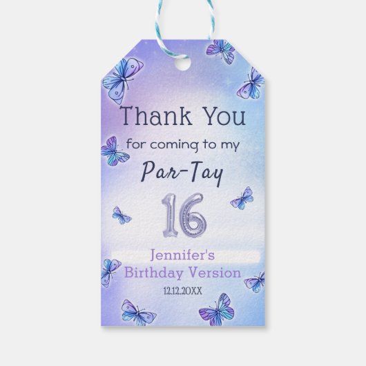 Paarse vlinder oren verjaardagsfeestje cadeaulabel (Achterkant)