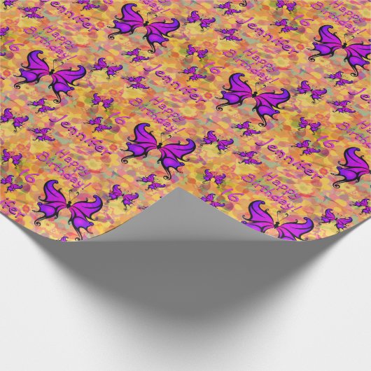 Paarse Vlinder Personaliseer Naam Leeftijd Roll of Cadeaupapier (Hoek)