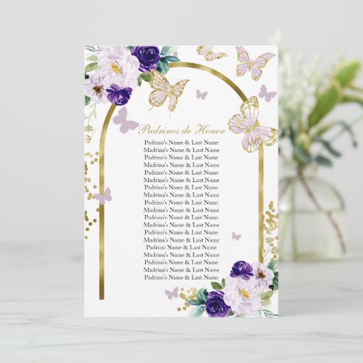 Paarse Vlinder Quinceanera Padrinos de Honor Kaart (Staand voorkant)
