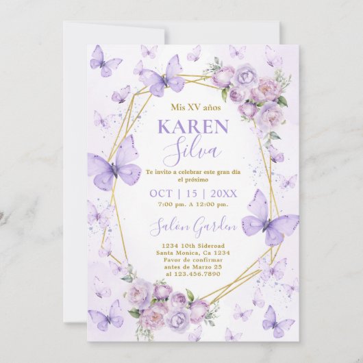 Paarse vlinder quinceanera uitnodiging (Voorkant)