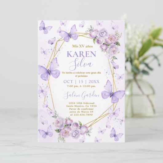 Paarse vlinder quinceanera uitnodiging (Staand voorkant)