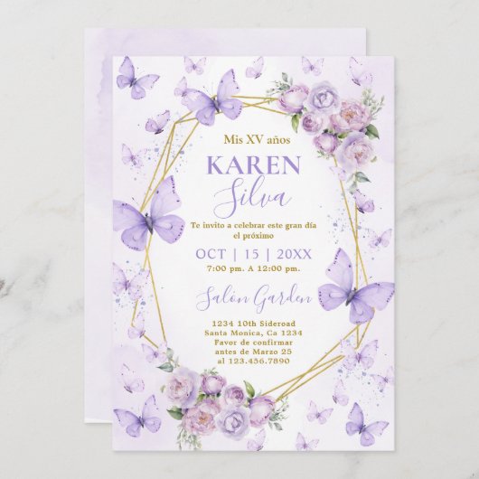 Paarse vlinder quinceanera uitnodiging (Voorkant / Achterkant)