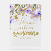 Paarse Vlinder Quinceanera Welkom Acryl Bord (Voorkant)
