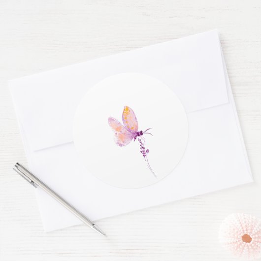 Paarse vlinder ronde sticker (Envelop)