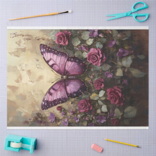 Paarse Vlinder Roos Struik Schilderij Decoupage Tissuepapier (Craft)
