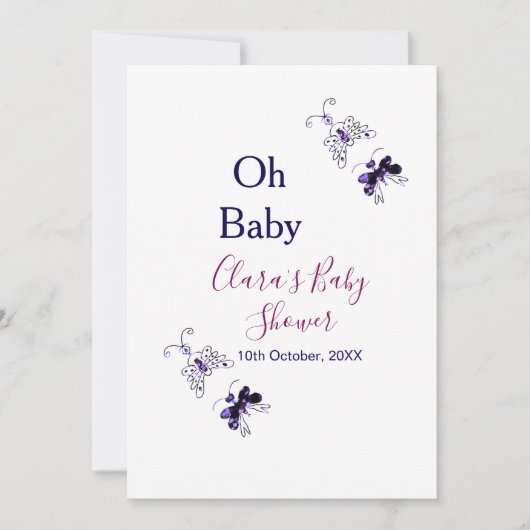 Paarse vlinder roze baby shower oh baby modern kaart (Voorkant)