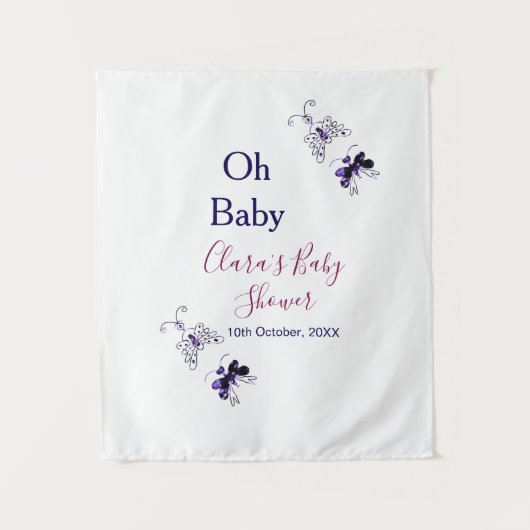 Paarse vlinder roze baby shower oh baby modern wandkleed (Voorkant)