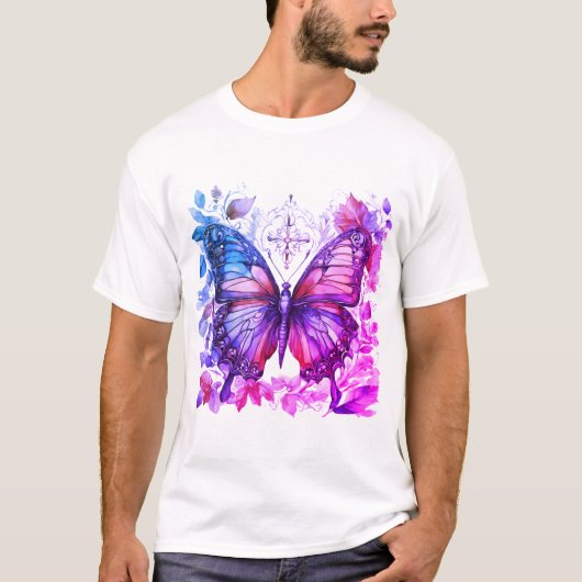 Paarse Vlinder Roze Blauw Christelijk Heilig Kruis T-shirt (Voorkant)