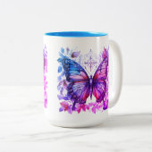 Paarse Vlinder Roze Blauw Christelijk Heilig Kruis Tweekleurige Koffiemok (Voorkant rechts)