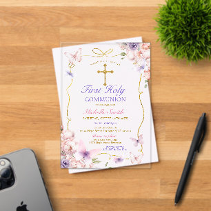 Paarse vlinder roze bloemen eerste communie acryl uitnodigingen