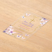 Paarse vlinder roze bloemen eerste communie acryl uitnodigingen (Laagn)