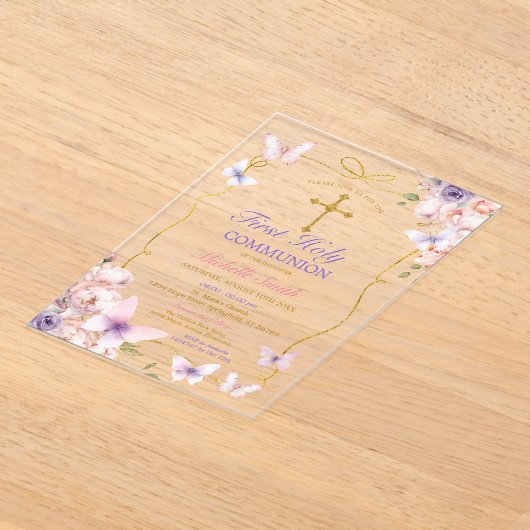 Paarse vlinder roze bloemen eerste communie acryl uitnodigingen (Laagn)
