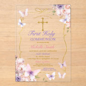 Paarse vlinder roze bloemen eerste communie acryl uitnodigingen (Voorkant)