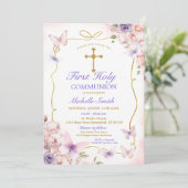 Paarse vlinder roze bloemen eerste communie kaart (Staand voorkant)