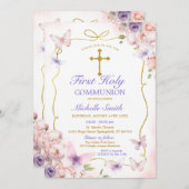 Paarse vlinder roze bloemen eerste communie kaart (Voorkant / Achterkant)