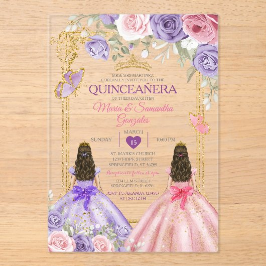 Paarse Vlinder Roze Bloemen Tweelinggoud Quinceañe Acryl Uitnodigingen (Voorkant)